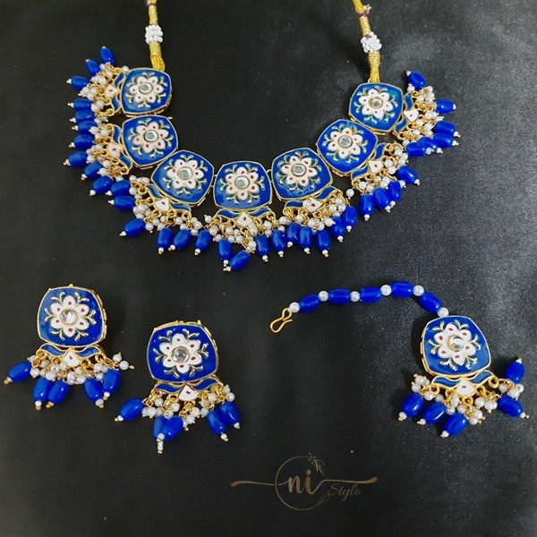 Meenakari Square Necklace Set with Mangtika Royal Blue