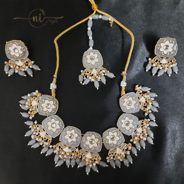 Meenakari Square Necklace Set with Mangtika Grey