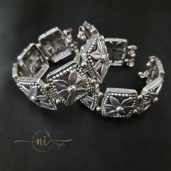 Oxidised Floral Bracelet Pair