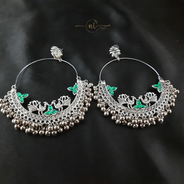 Oxidised Long Peacock Earring Green