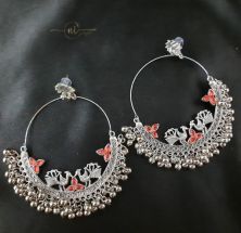 Oxidised Long Peacock Earring Red
