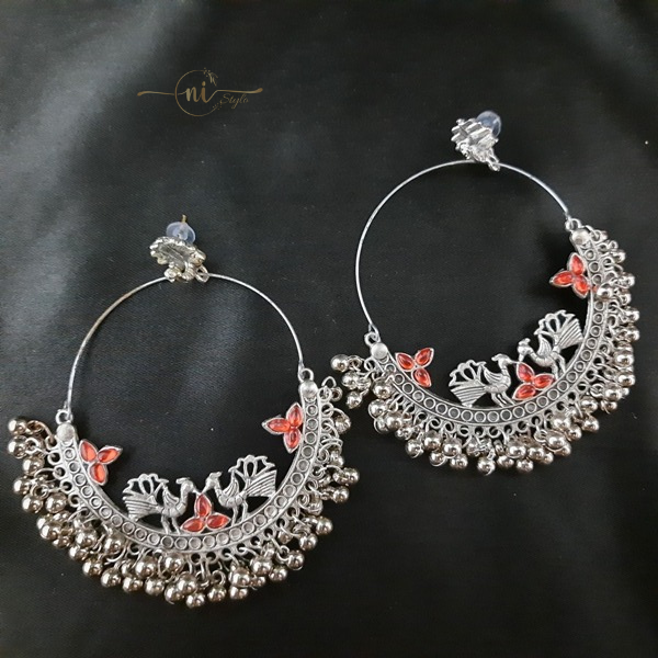 Oxidised Long Peacock Earring Red