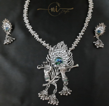 Oxidised Peacock Feather Krishna Necklace Set