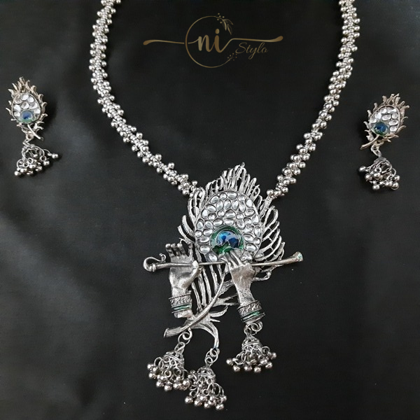 Oxidised Peacock Feather Krishna Necklace Set