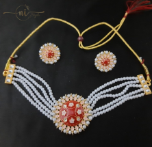 Meenakari White Moti Choker Set Red
