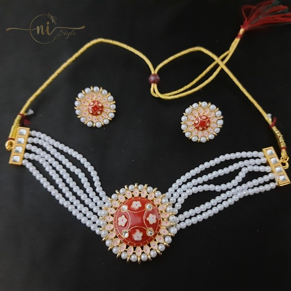 Meenakari White Moti Choker Set Red