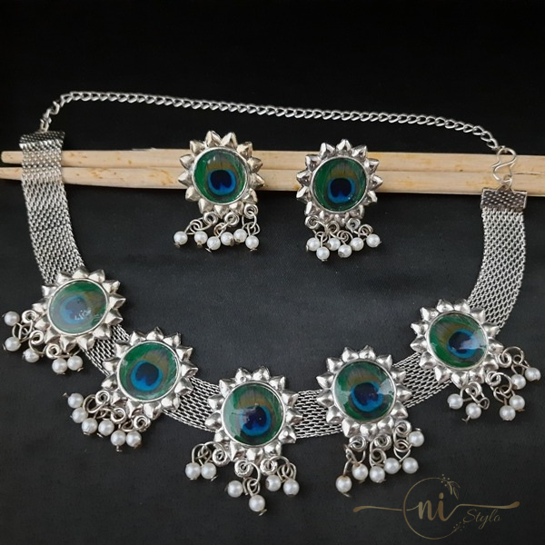 Peacock Feather Oxidised Chocker Set