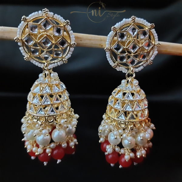 Kundan Pearl Beaded Jhumka Red