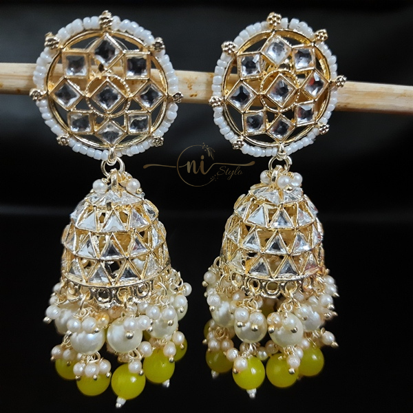 Kundan Pearl Beaded Jhumka Yellow