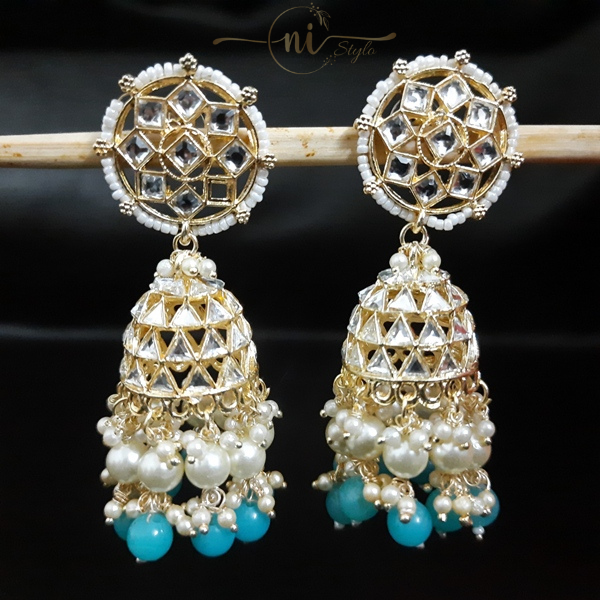 Kundan Pearl Beaded Jhumka Blue