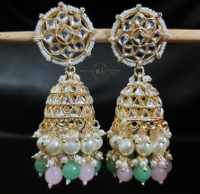Kundan Pearl Beaded Jhumka Green/Pink