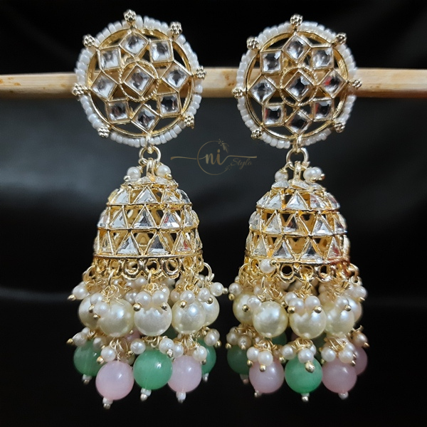 Kundan Pearl Beaded Jhumka Green/Pink